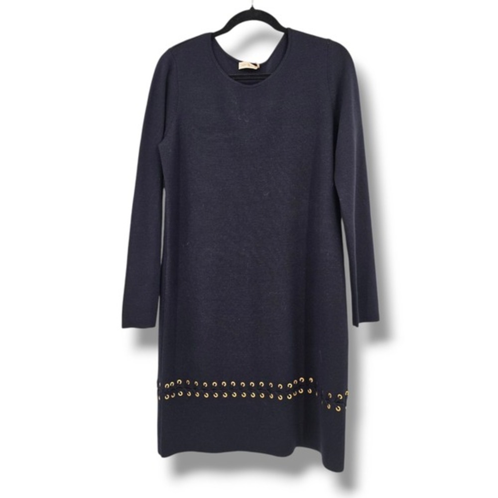 NEW Tory Burch Harley Dress Knit Long Sleeve Gold Detail Navy Blue Size M‎